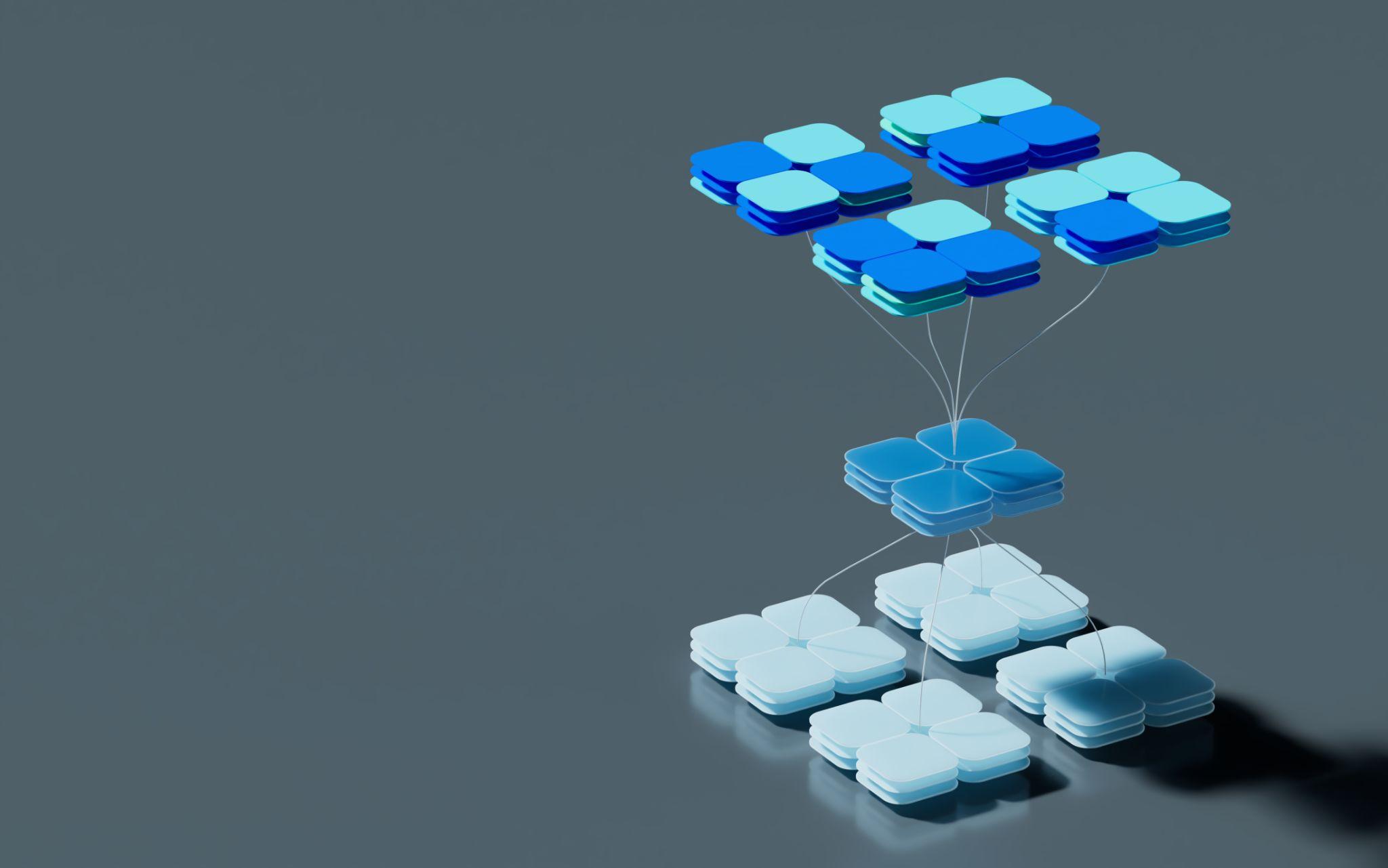 Illustrative Foundation architecture diagram showing a top tier of objective and policy clusters feeding into a central governance hub, which connects down to a tier of operating clusters representing agents and teams acting on shared context.
