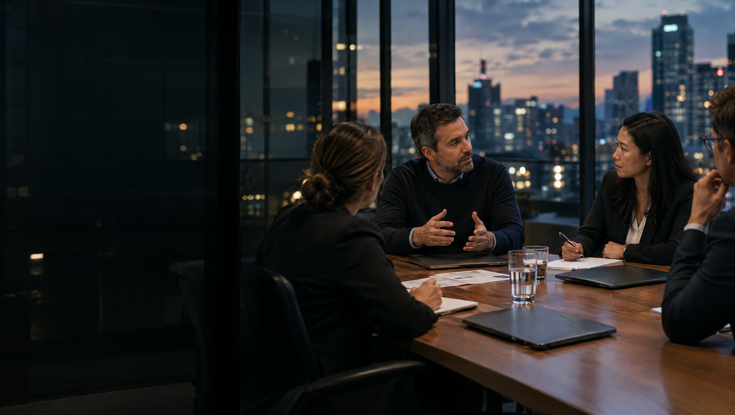 A software company's buying committee discussing vendor options in a glass meeting room at dusk