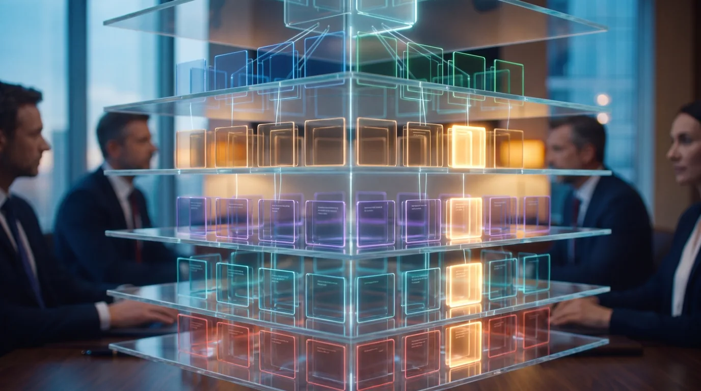 Executives around a glass tower of layered customer cards, one column lit through every layer.